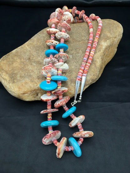 Spiny Oyster & Turquoise Navajo Indian Sterling Silver Necklace 02910