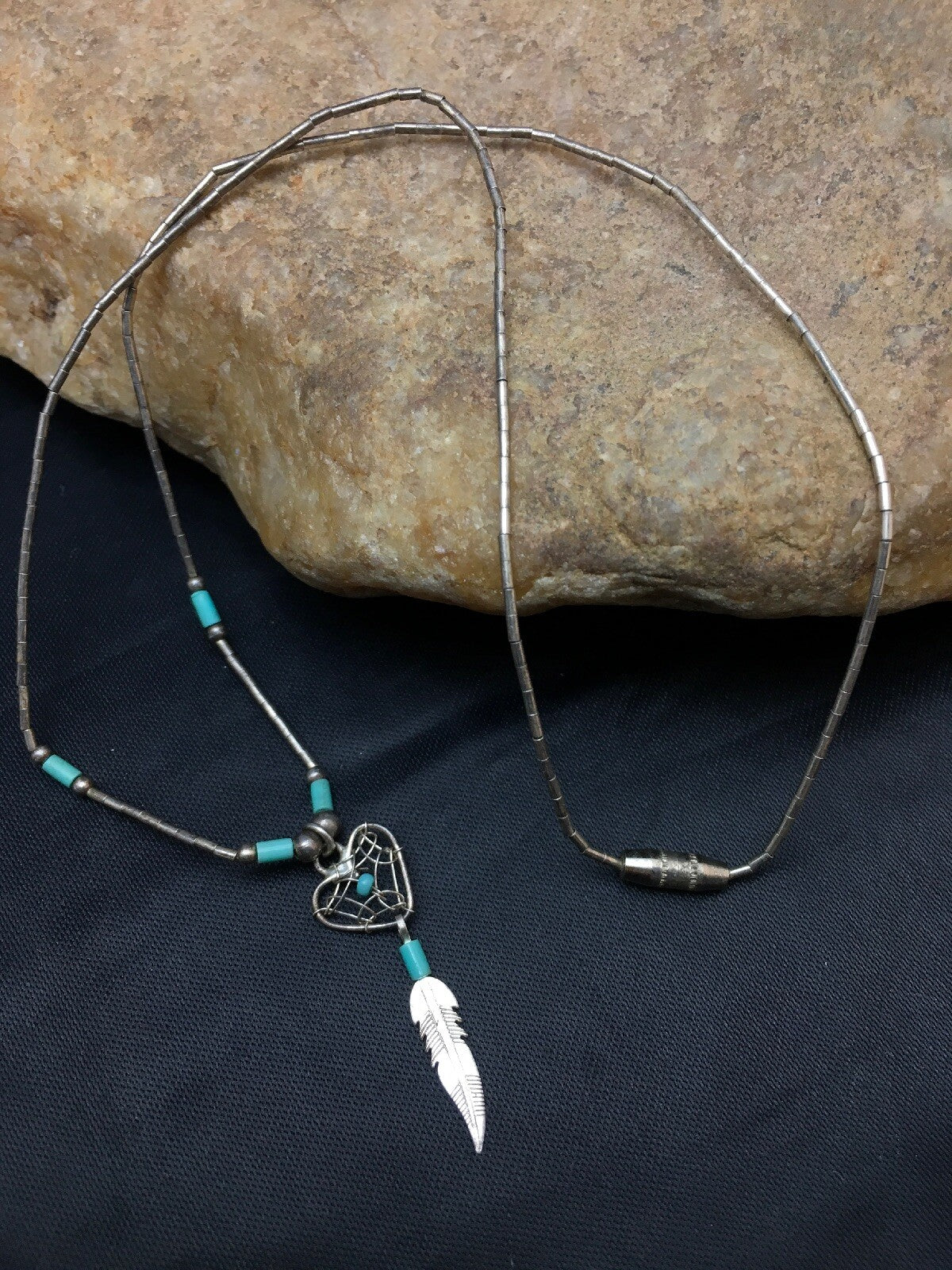 Native Turquoise Feather Pendant Navajo Sterling Silver Necklace 18059