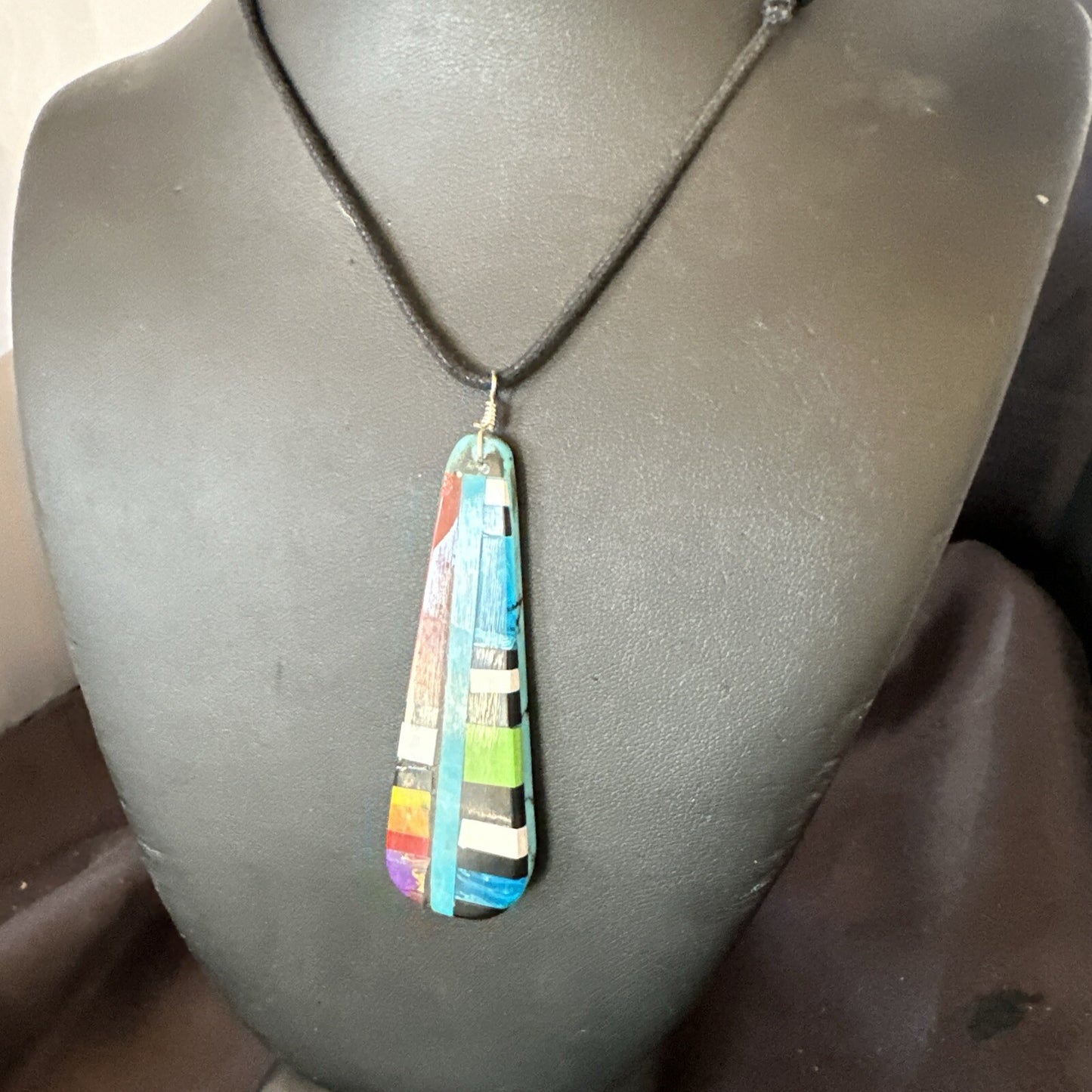 Santo Domingo Turquoise Spiny Adjustable Cord Necklace Inlay Pendant 3” 18476