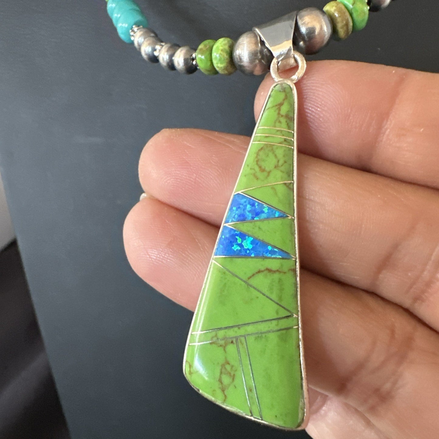 Blue Green Turquoise  Gaspeite Pendant Navajo Sterling Silver Necklace 19665
