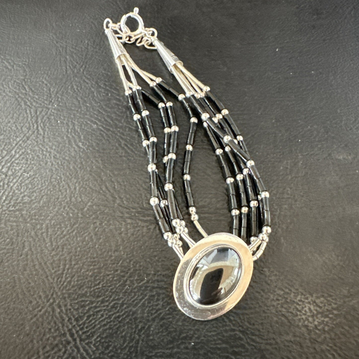 Black Onyx Heishi 5S Pend Southwestern Liquid Sterling Silver Bracelet 8” 17751