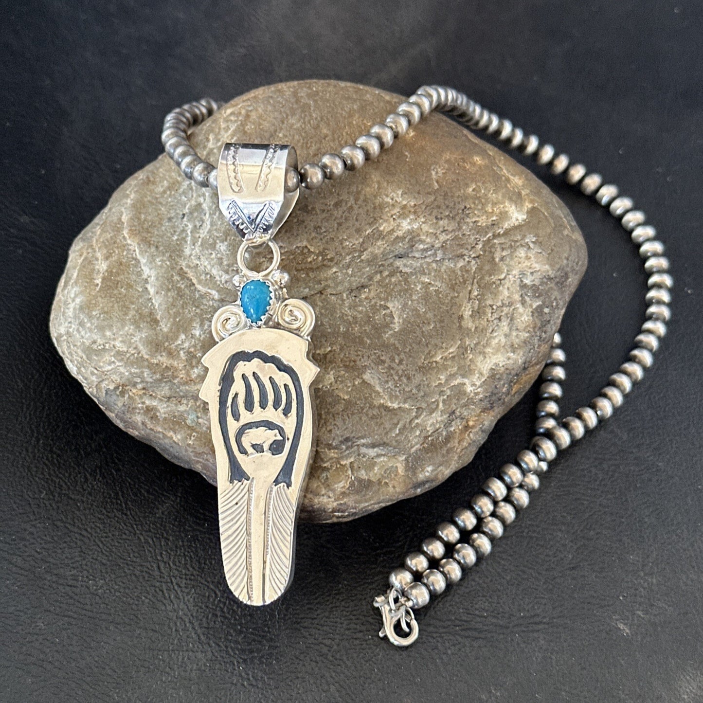 Feather BearPaw Navajo Sterling Silver Blue Turquoise Necklace Pendant 17813