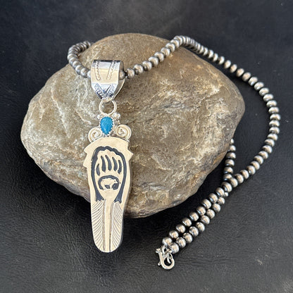 Feather BearPaw Navajo Sterling Silver Blue Turquoise Necklace Pendant 17813
