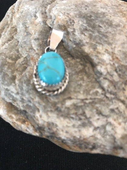 Blue Turquoise Navajo Sterling Silver Native American Pendant 1" 03162