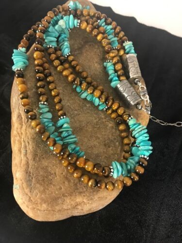 Men's Tigers Eye & Turquoise 3 Strand Necklace Navajo Sterling Silver 8418