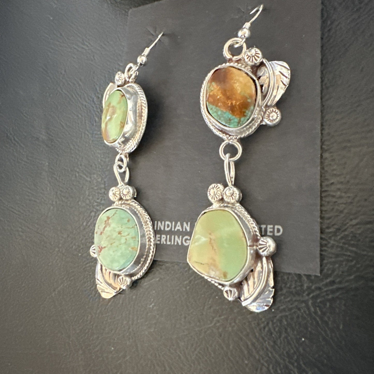 Green Royston Turquoise Navajo Sterling Silver Dangle Earrings 19600