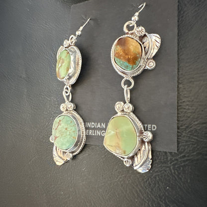 Green Royston Turquoise Navajo Sterling Silver Dangle Earrings 19600