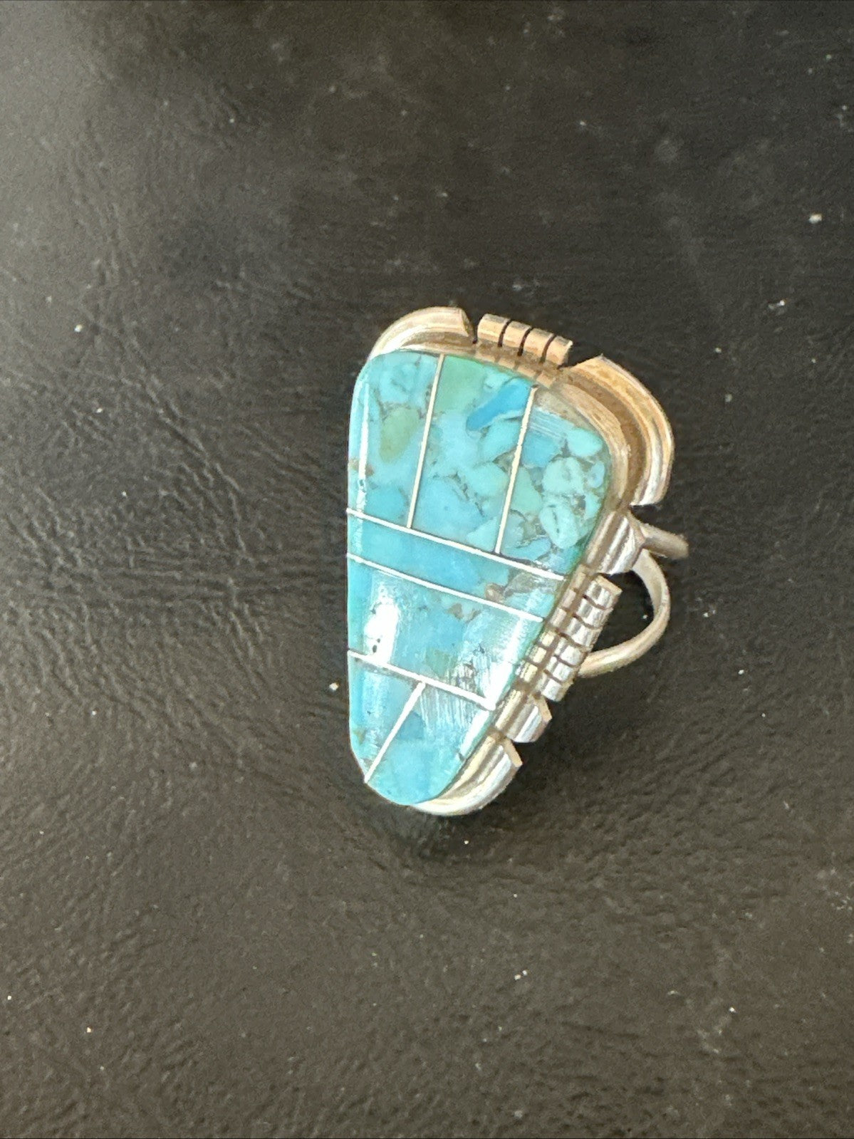 Blue Turquoise Navajo Inlay Sterling Silver Ring Size 11 19782