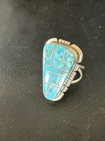 Blue Turquoise Navajo Inlay Sterling Silver Ring Size 11 19782