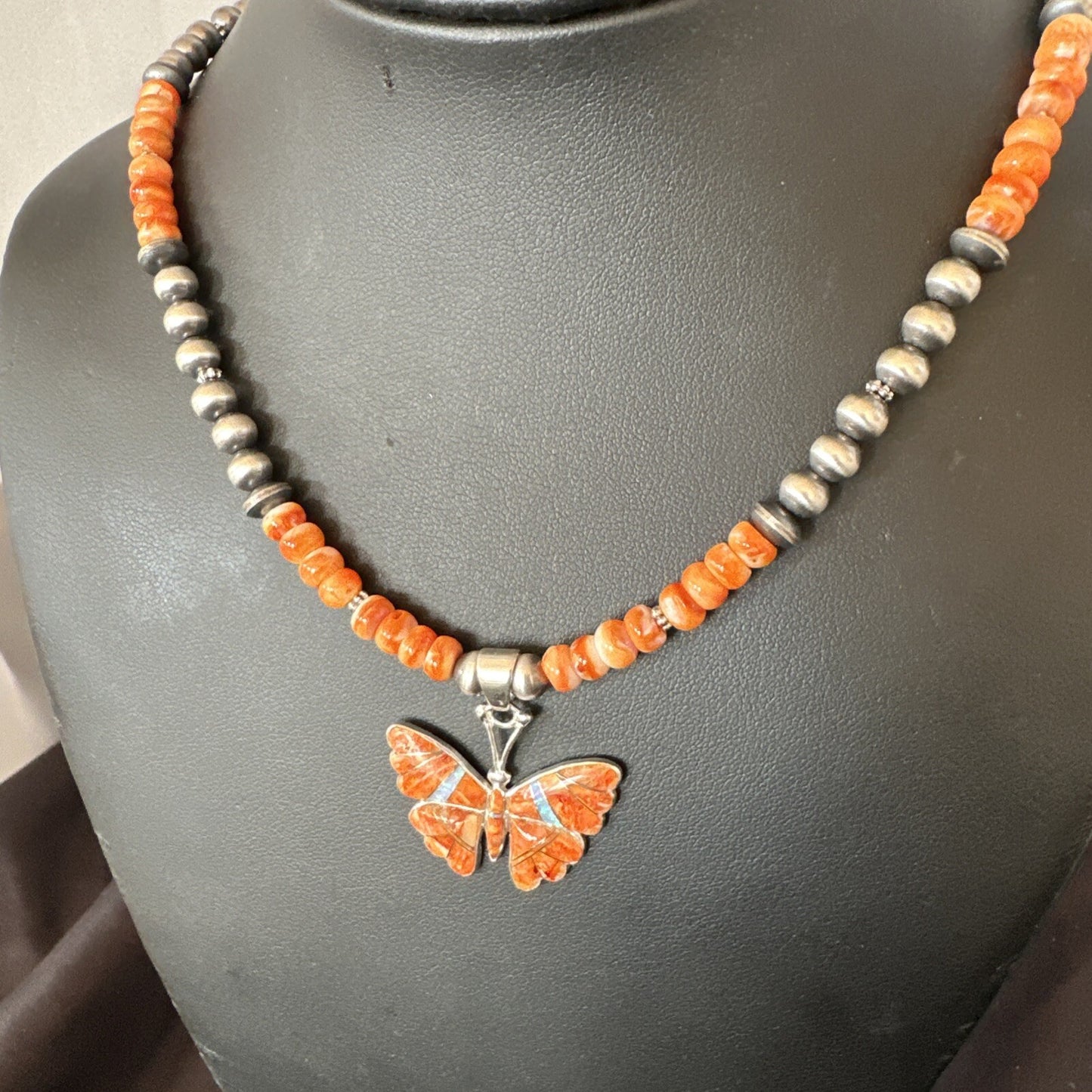 Butterfly Orange Spiny Oyster Opal Inlay Sterling Silver  Necklace Pendant 18676