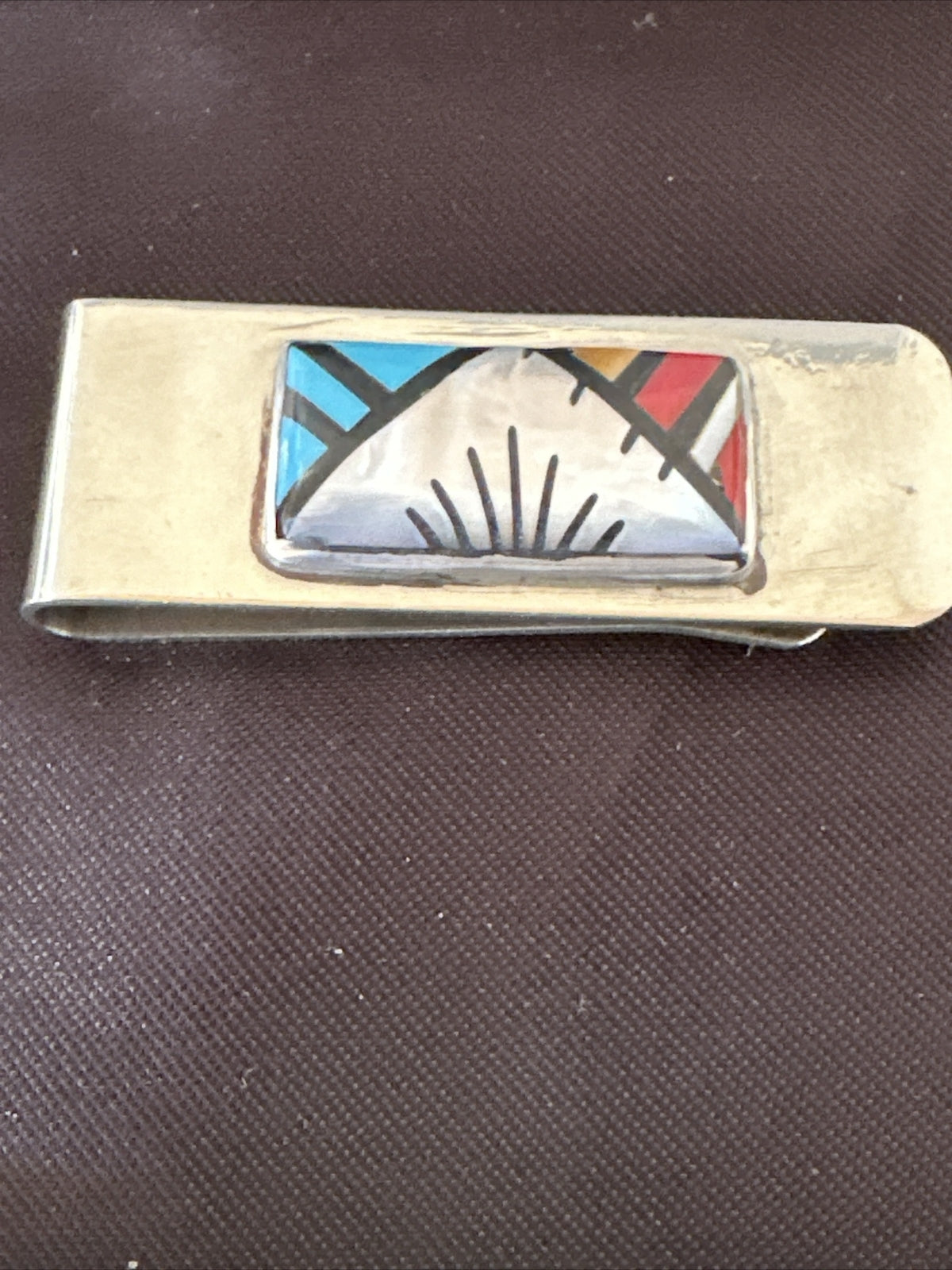 A Zuni Mens Turquoise Spiny Inlay Stainless Sterling Silver Money Clip 17836