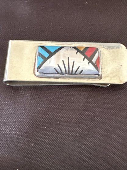 A Zuni Mens Turquoise Spiny Inlay Stainless Sterling Silver Money Clip 17836