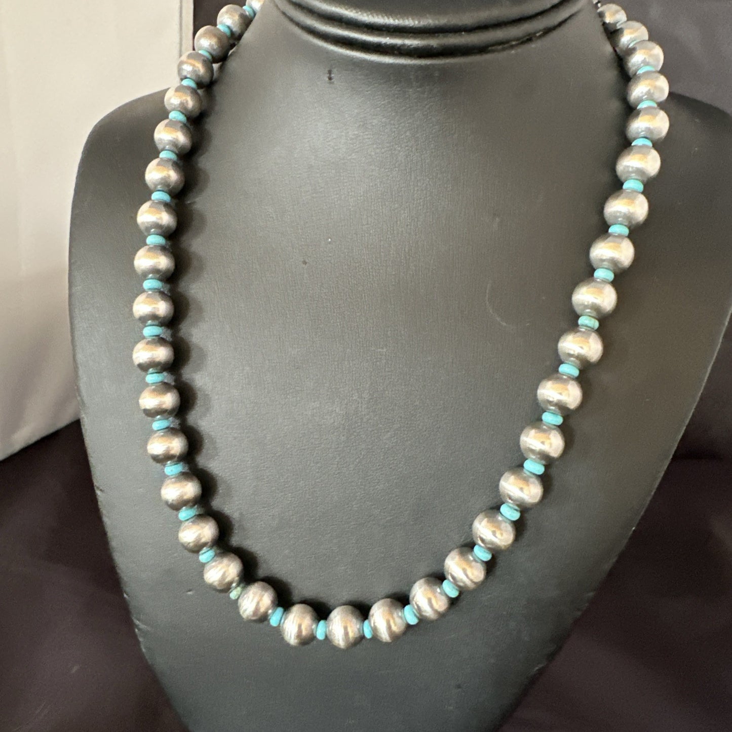 Blue Turquoise 10mm Round Sterling Silver Beads Necklace 20” 92407