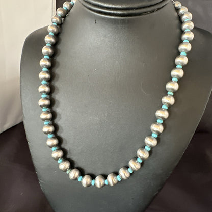 Blue Turquoise 10mm Round Sterling Silver Beads Necklace 20” 92407