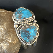Navajo Blue TURQUOISE Stamped 2 Stone Cuff Bracelet 8.25" | Sterling Silver | Authentic Native American Handmade | 18717