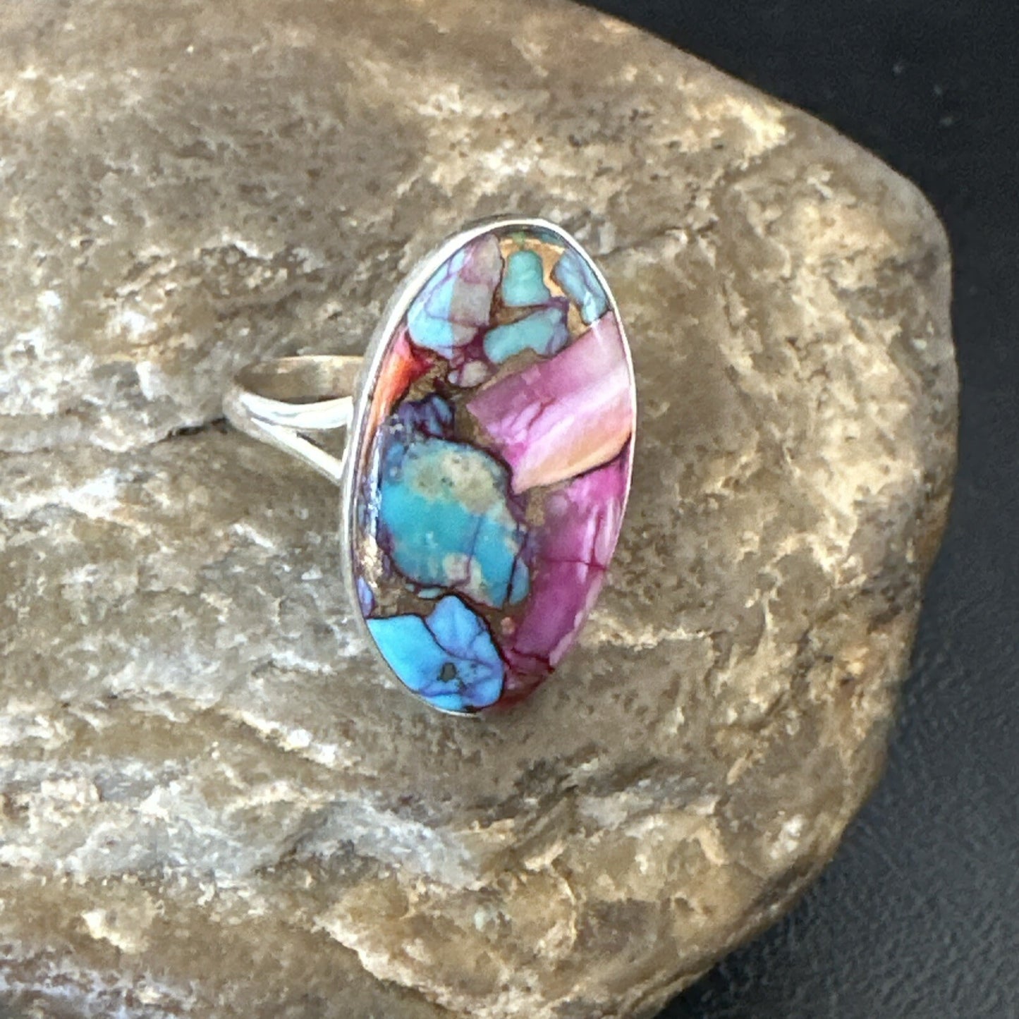 Blue Turquoise Spiny Oyster Southwestern Sterling Silver Ring Size 11 18456