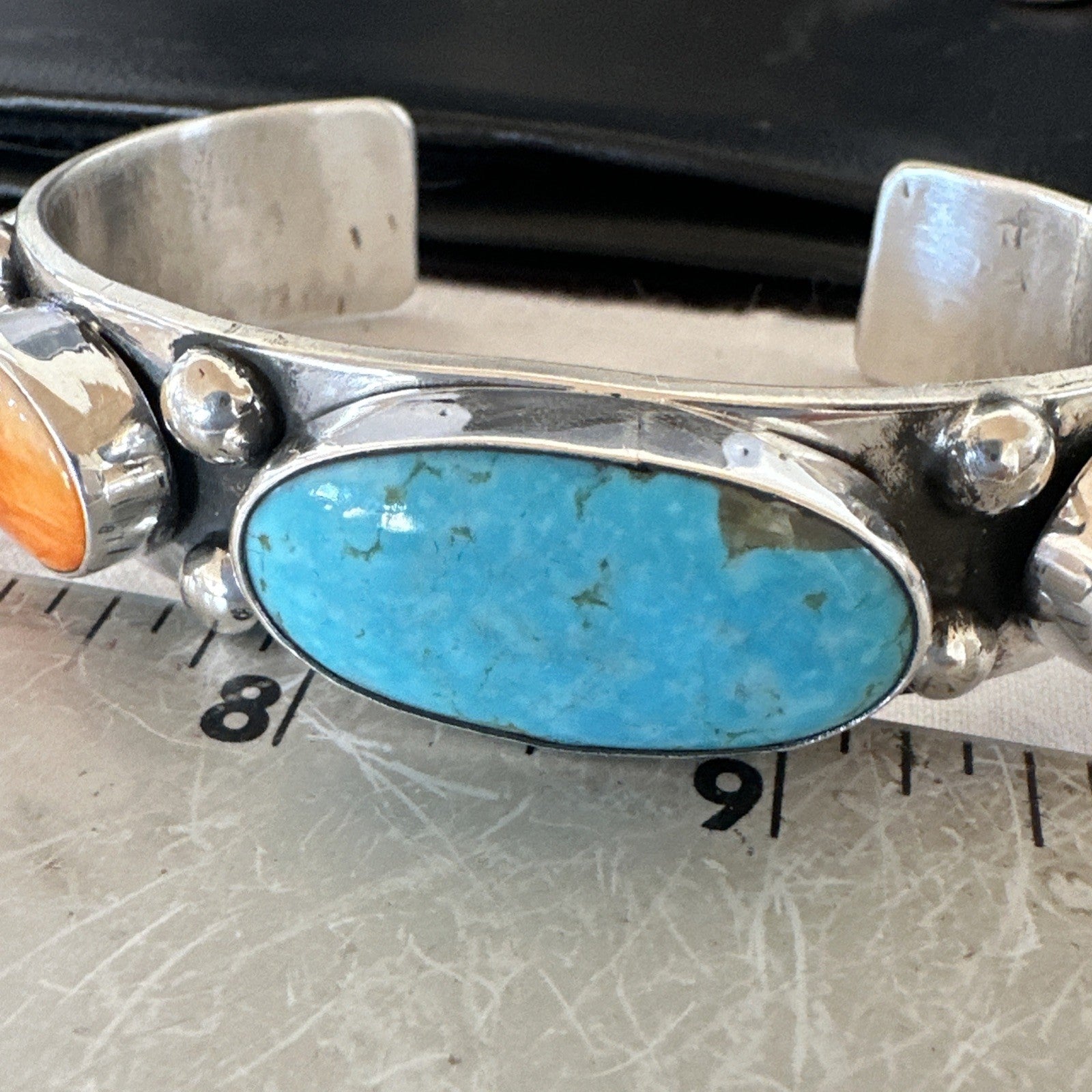 Orange Spiny Turquoise 5 Stone Sterling Silver Navajo Cuff Bracelet 7.7" 19479