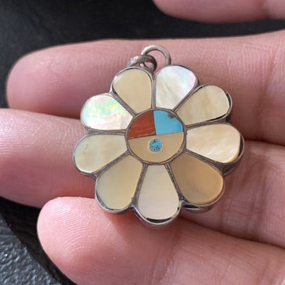 Mother Of Pearl Turquoise Spiny Inlay Zuni Sterling Silver 2 Sided Pendant 1683