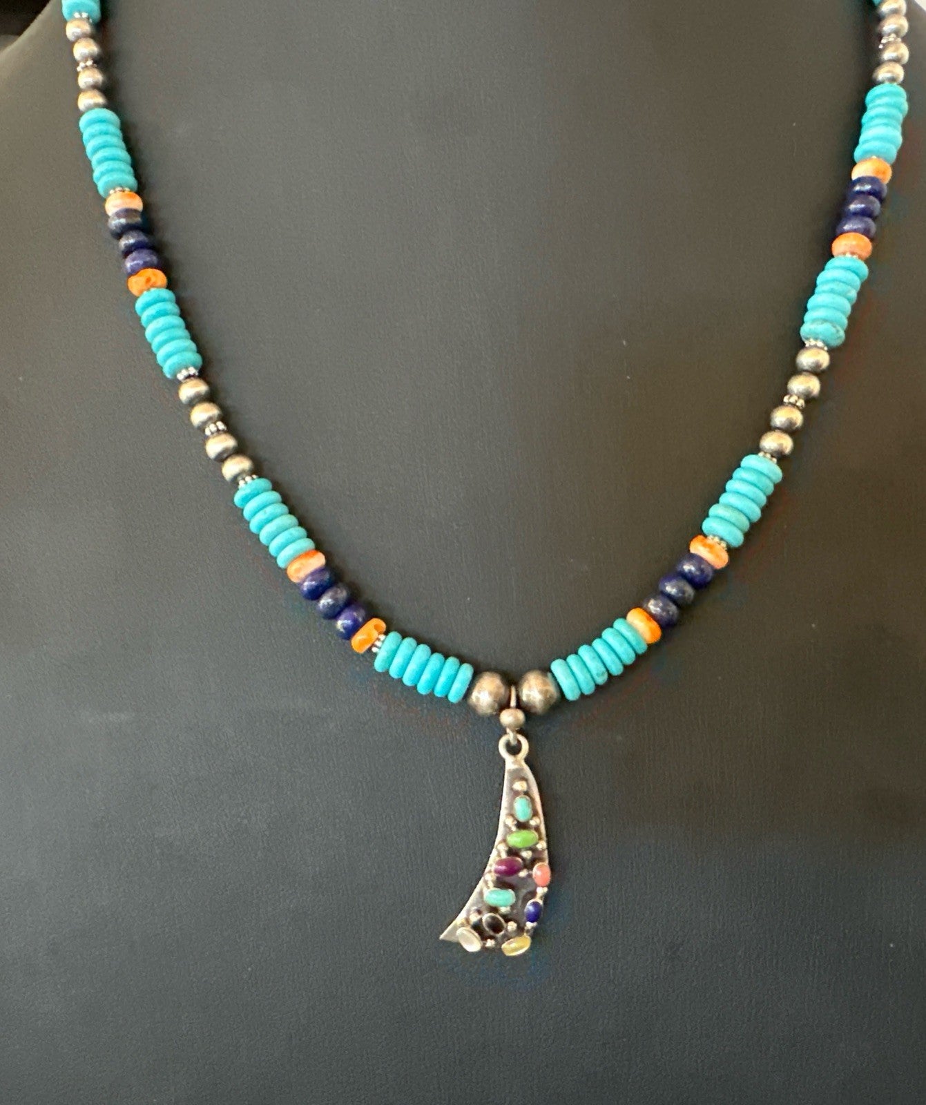 Multicolor Turquoise Spiny Navajo Sterling Silver Cluster Pendant Necklace 19650