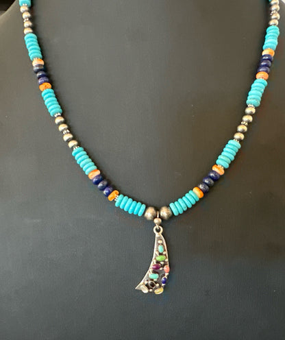 Multicolor Turquoise Spiny Navajo Sterling Silver Cluster Pendant Necklace 19650