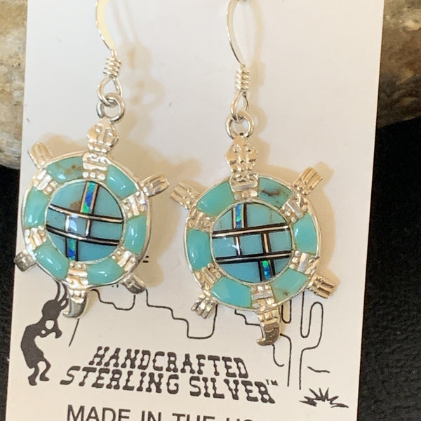 Turquoise Opal Navajo Inlay Turtle Earrings 0.5" | Sterling Silver | Authentic Native American Handmade | 12015