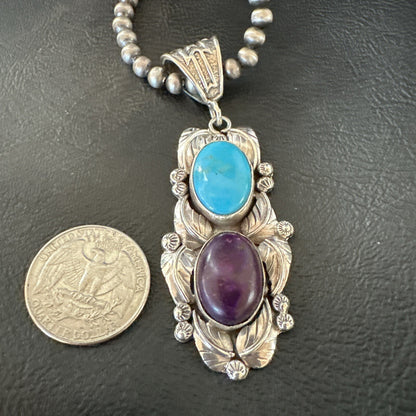 Blue Kingman Turquoise  Purple Stone Pendant Navajo Sterling Silver 18037