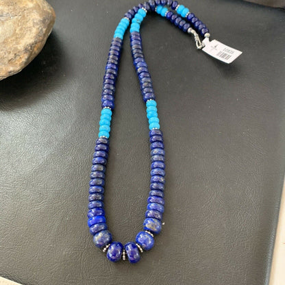 Men's Lapis and Turquoise Beaded Necklace Sterling Silver 23" 10835