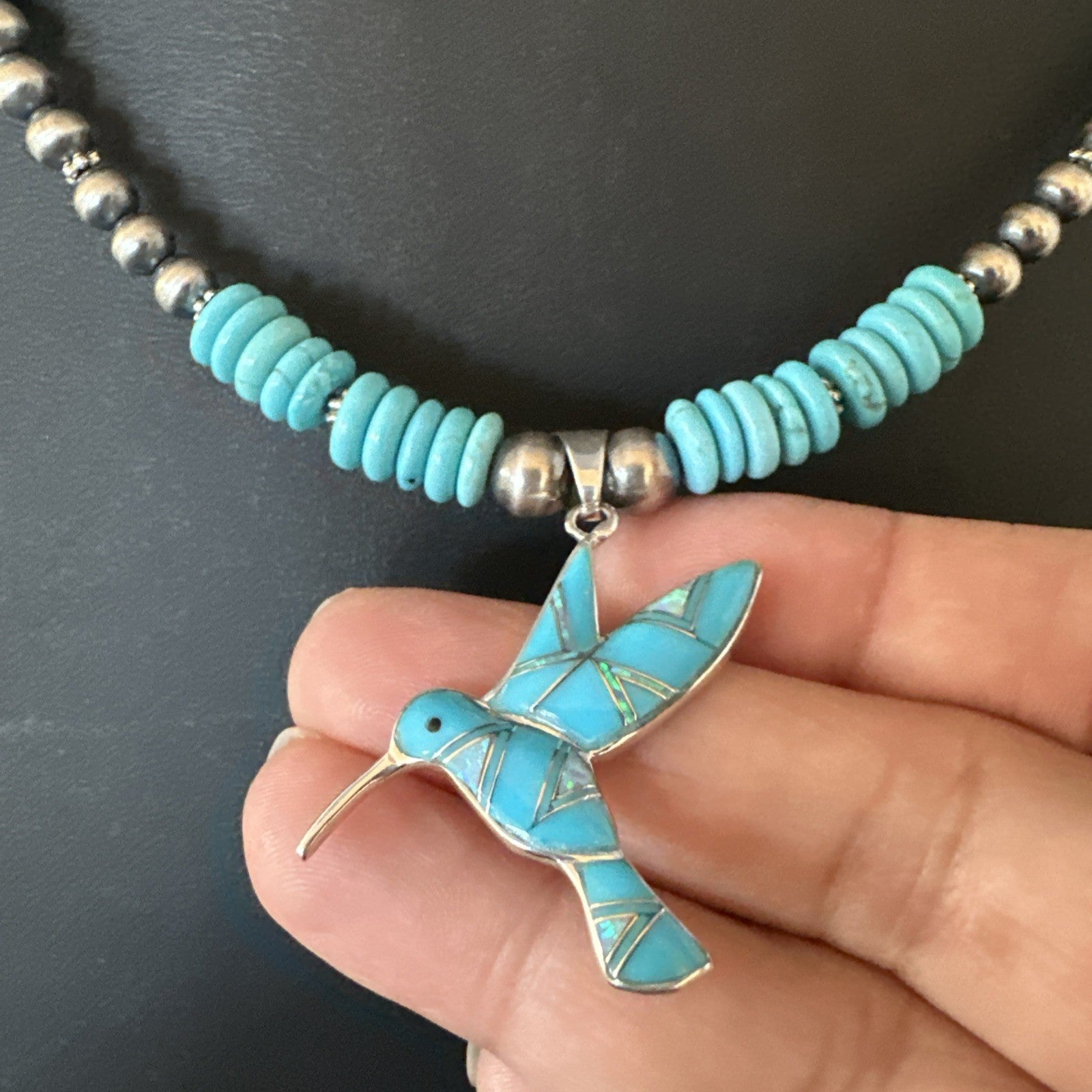 Blue Turquoise Opal HummingBird Inlay Pendant Navajo Sterling Necklace 19500