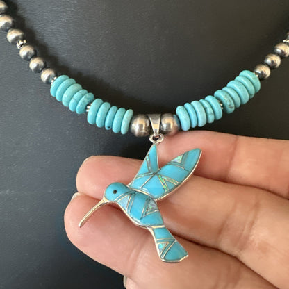 Blue Turquoise Opal HummingBird Inlay Pendant Navajo Sterling Necklace 19500