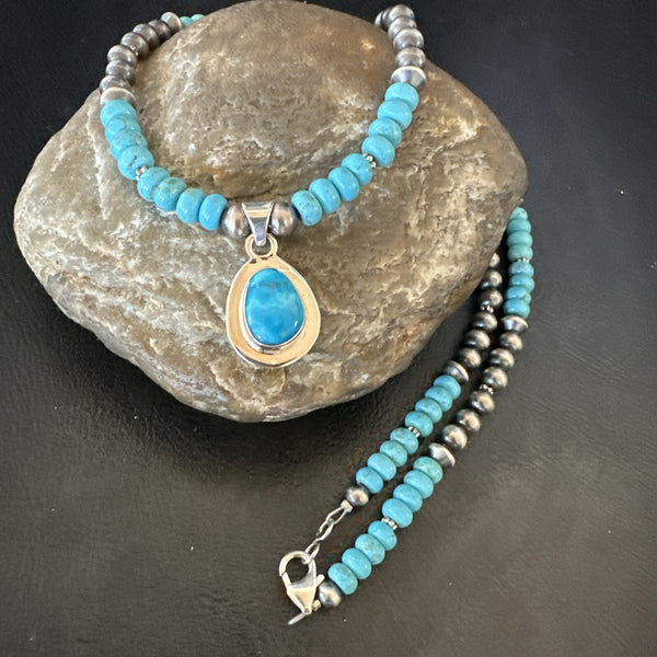 Women's Blue Kingman Turquoise Pendant Navajo Necklace 21" | Sterling Silver | Authentic Native American Handmade | 18419