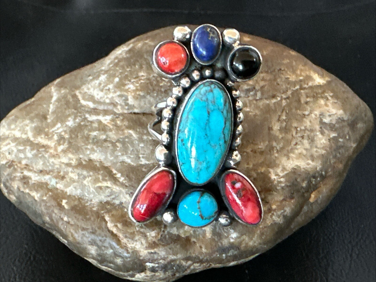 Cluster Blue Turquoise Spiny Oyster Onyx Sterling Silver Ring Size 8 18562