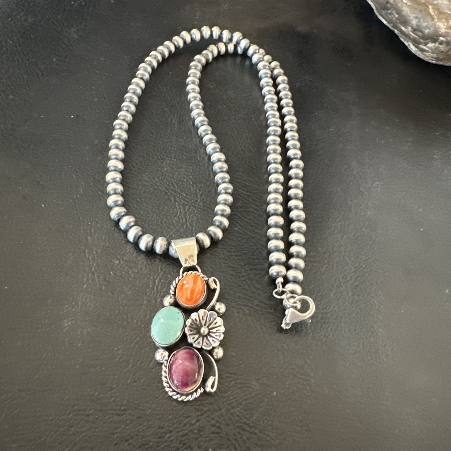 Multicolor Turquoise Spiny Navajo Sterling Silver Cluster Pendant Necklace 19311
