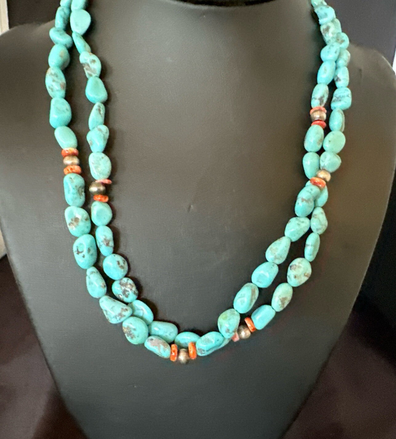 Spiny Oyster Nacosari Turquoise 2S Navajo Sterling Silver Necklace 19" 17785