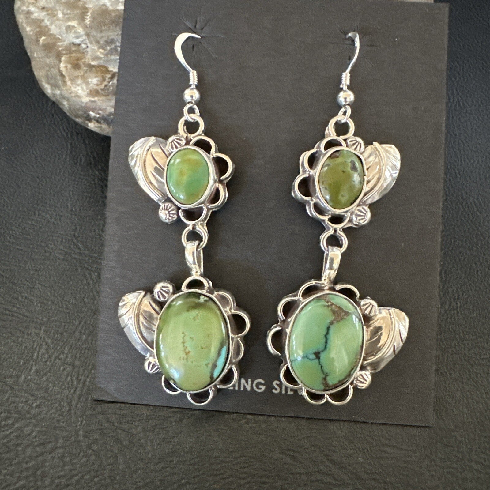 Native Navajo Green Turquoise Sterling Silver Dangle Earrings 2” 17693