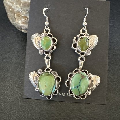 Native Navajo Green Turquoise Sterling Silver Dangle Earrings 2” 17693