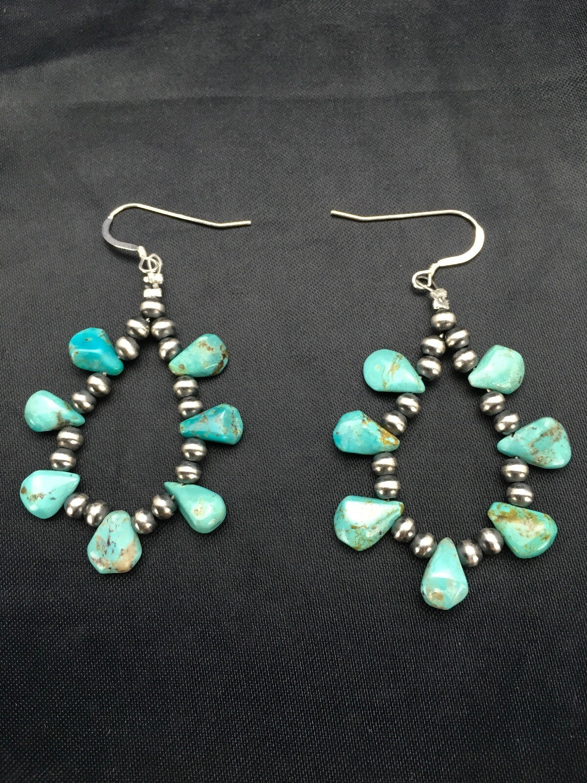 Blue Turquoise Cluster Navajo Sterling Silver Earrings 2" 02971