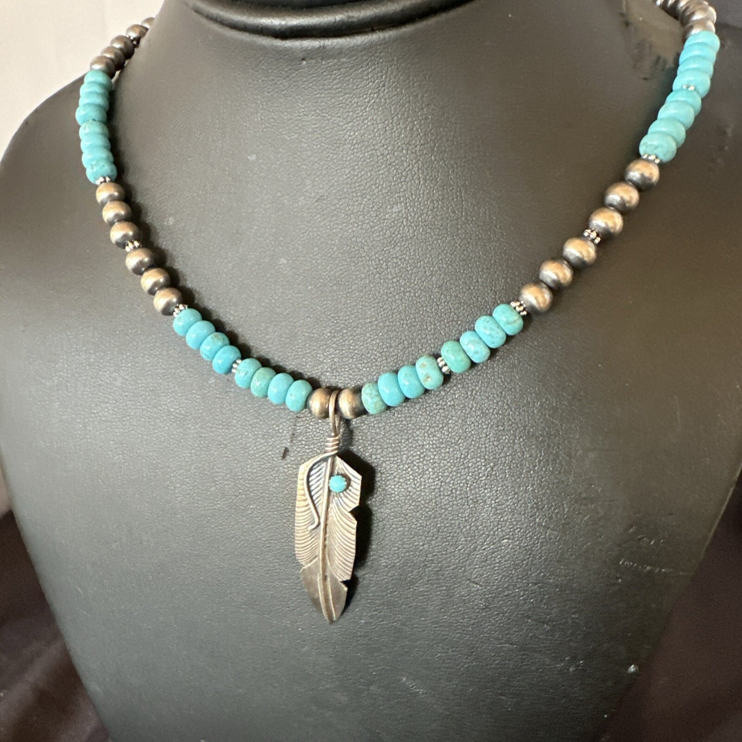 Mens Feather Turquoise Pendant Navajo Sterling Silver Necklace 18060