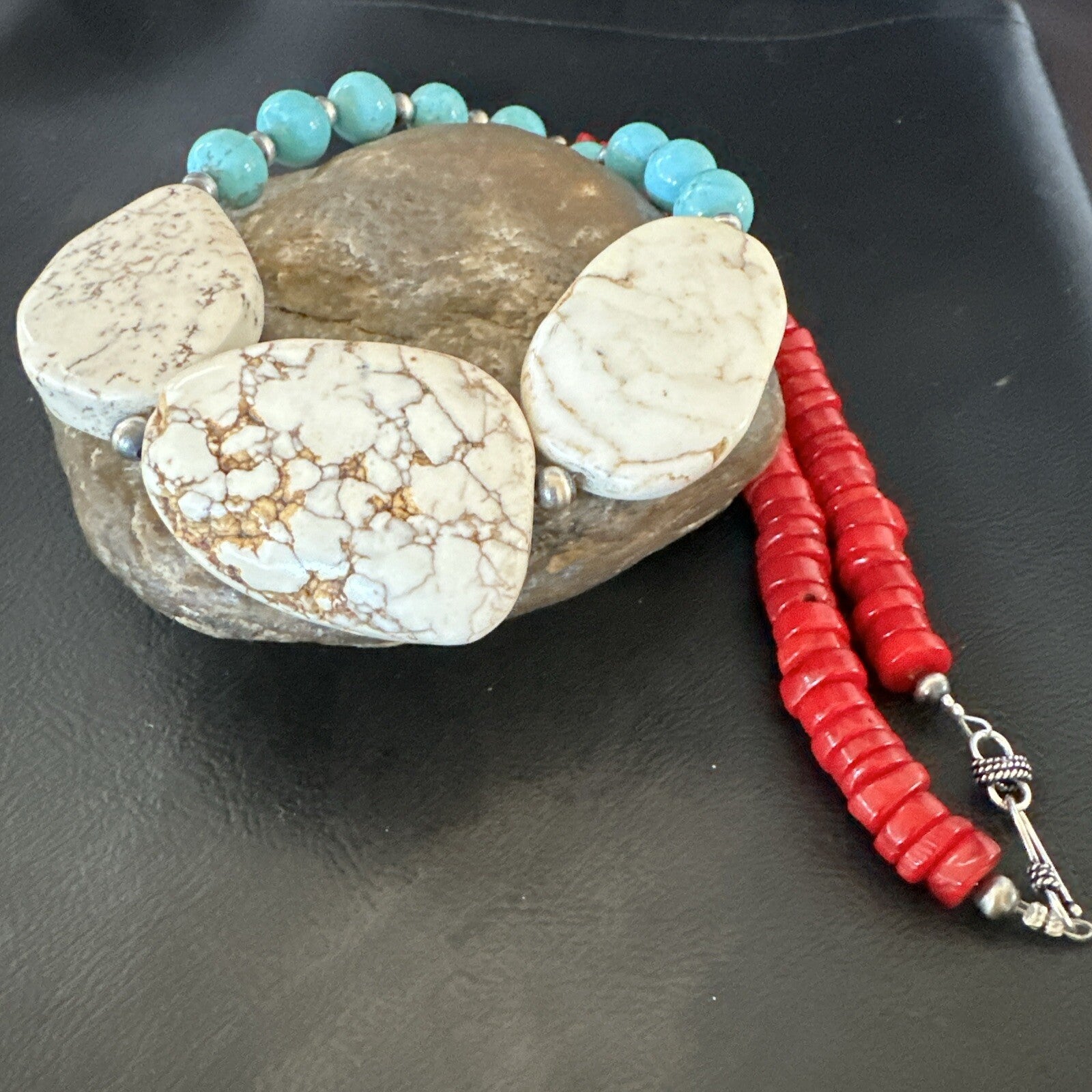 Mens Wild Horse Blue Turquoise Red Coral Navajo Sterling Silver Necklace 17982
