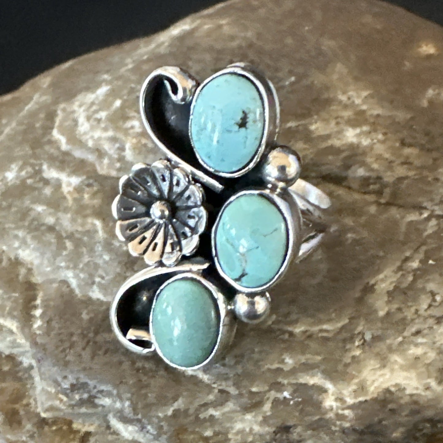 Blue Green Turquoise Navajo Sterling Silver Cluster Ring Size 8.5 19081