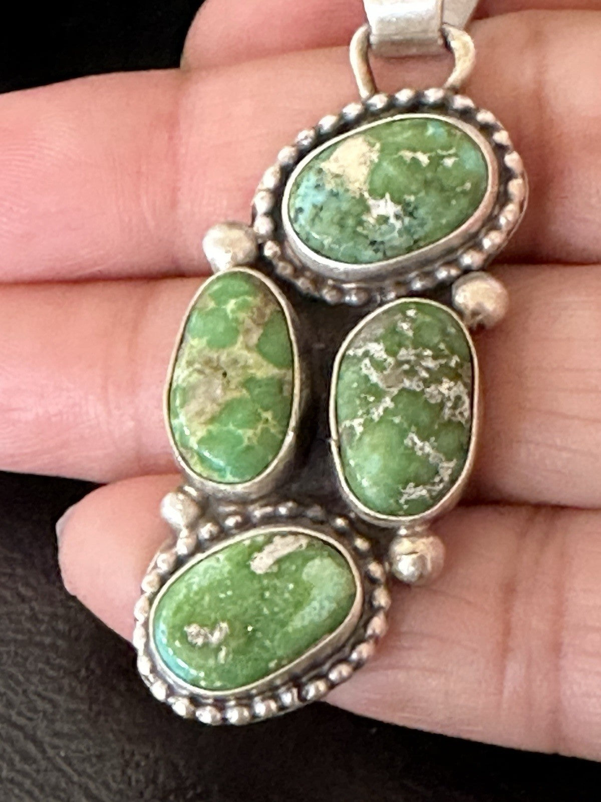 Green Sonoran Gold Turquoise Navajo Sterling Silver 925 Cluster Pendant 19400