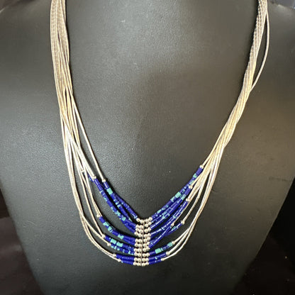 Blue Green Azurite Heishi 10Strand Stabilized Sterling Silver Necklace 18" 15135