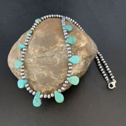 Navajo Pearls Necklace Sterling Silver Blue Turquoise Teardrop 13158