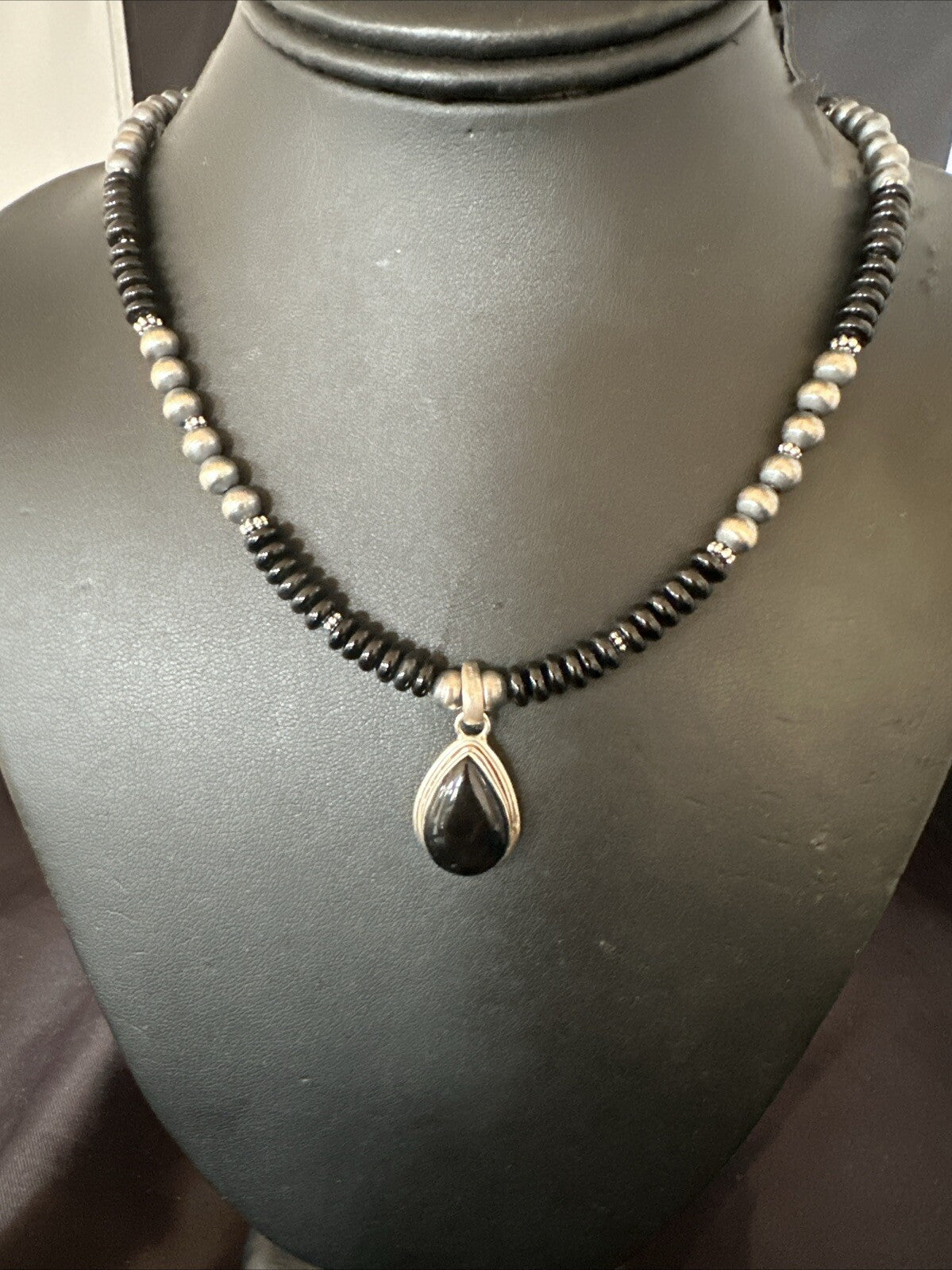 Mens Womens Black Onyx Pendant Navajo Sterling Silver Beads Necklace 18333