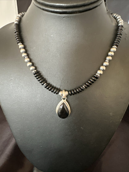 Mens Womens Black Onyx Pendant Navajo Sterling Silver Beads Necklace 18333