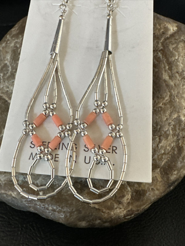 Pink Coral 2 Strands Heishi Liquid Dangle Earrings 2" | Sterling Silver | Authentic Native American Handmade | 17983