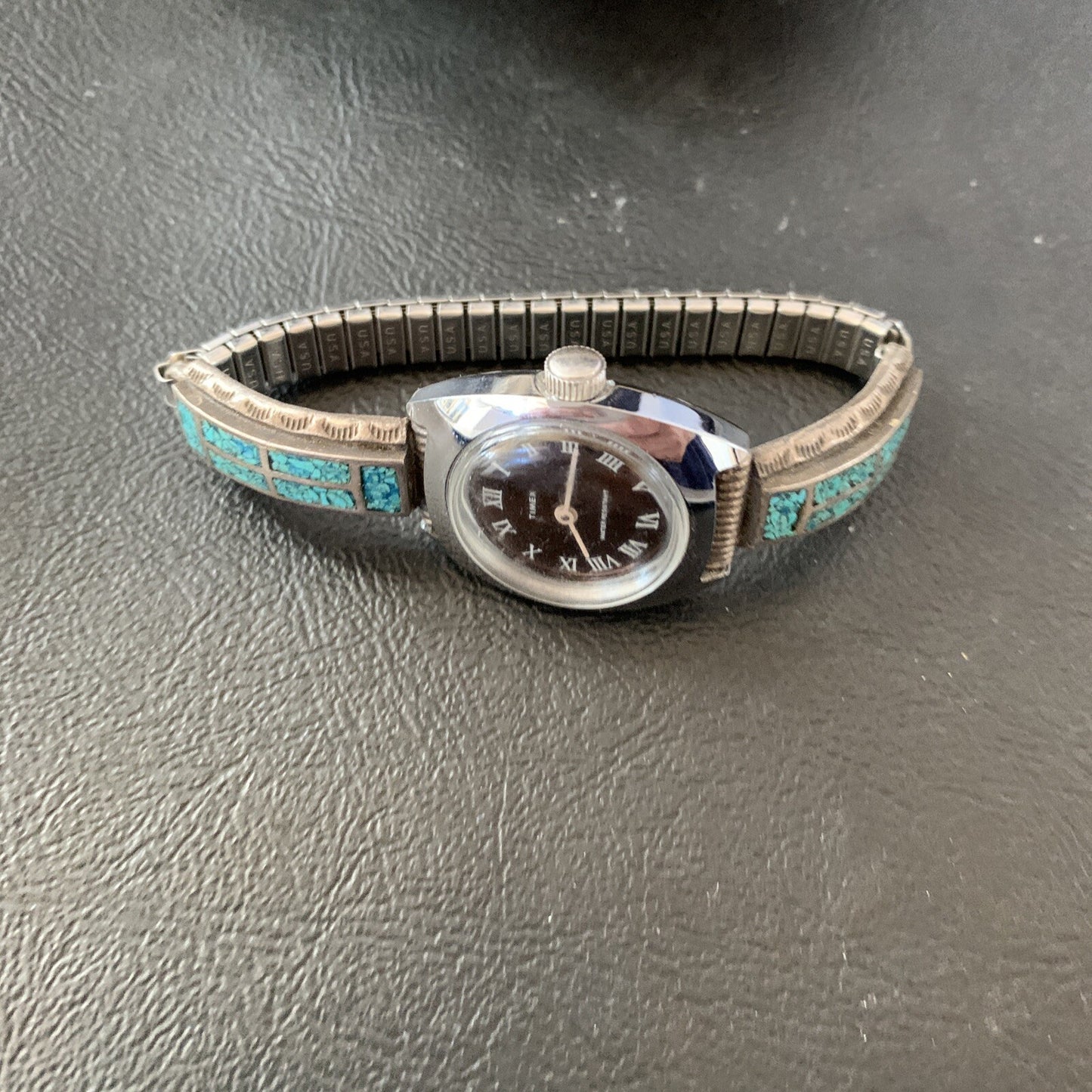 Blue Turquoise Chip Inlay Navajo Sterling Silver Old Pawn Watch Tips 1639