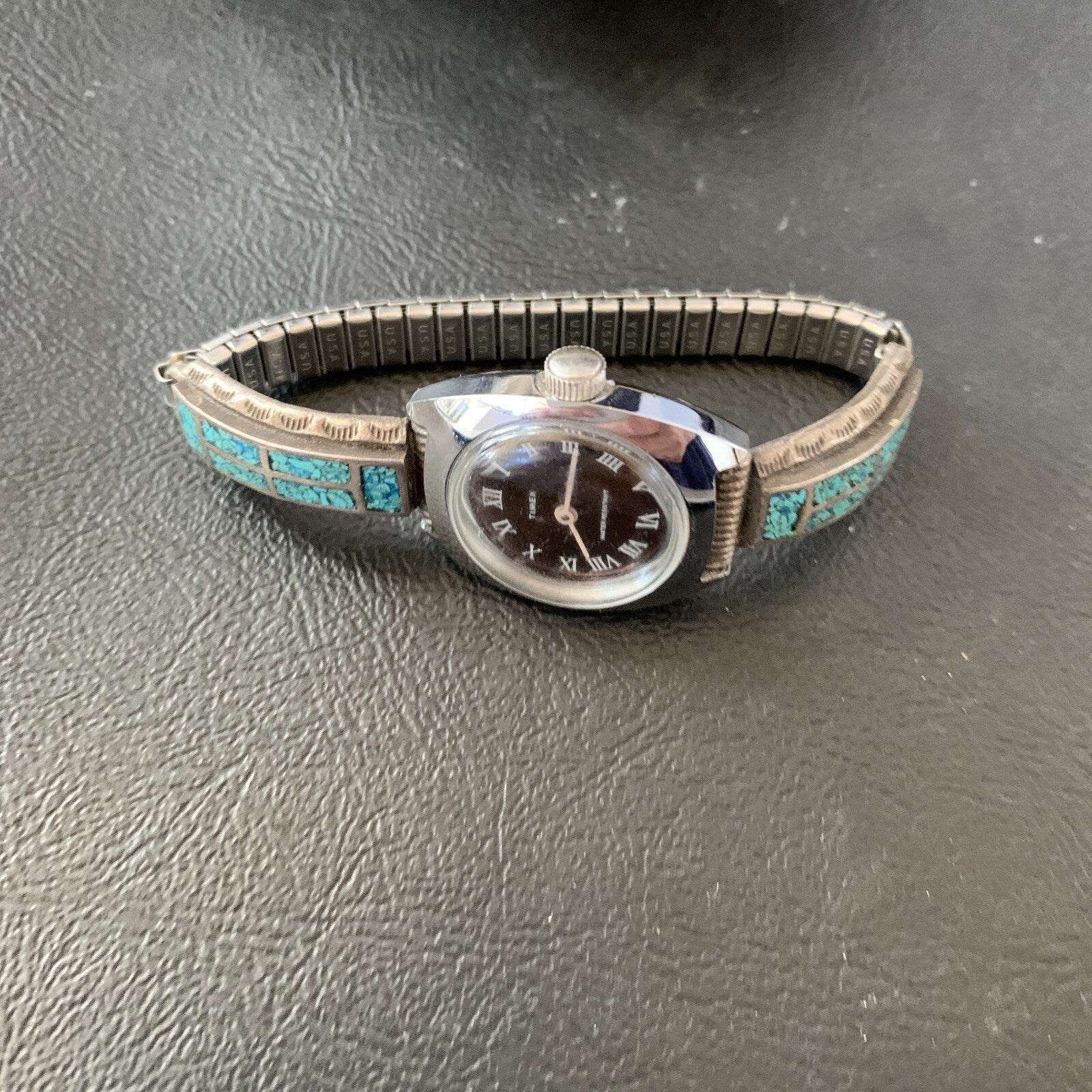 Blue Turquoise Chip Inlay Navajo Sterling Silver Old Pawn Watch Tips 1639