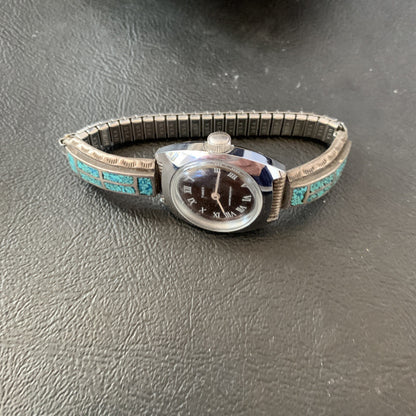 Blue Turquoise Chip Inlay Navajo Sterling Silver Old Pawn Watch Tips 1639