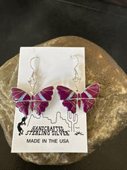 Butterfly Purple Stone Sugilite Opal Inlay Dangle Earrings | Sterling Silver | Authentic Native American Handmade | 18556