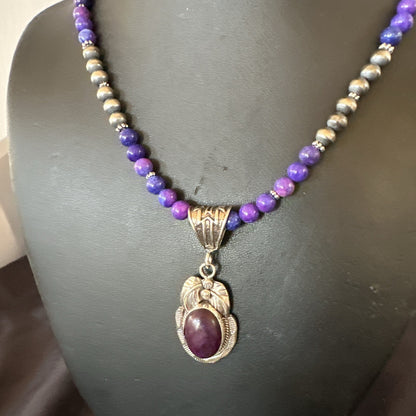 Purple Stone Pendant Navajo Pearls Sterling Silver Necklace 18386